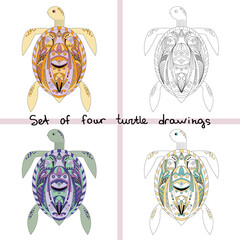 set of four turtle zentangle style. color stylized cat, ornament. coloring book page for adult. Vector illustration. Hand drawn artwork