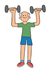 Cartoon old man exercising and lifting weights, vector illustration
