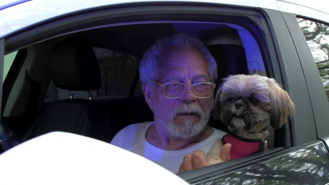 Aged man talks to police officer holding small trembling Shih tzu puppy under red blue flashing lights closeup. Concept traffic accident