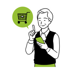 Illustration of a senior shopping on a smartphone, a smile.