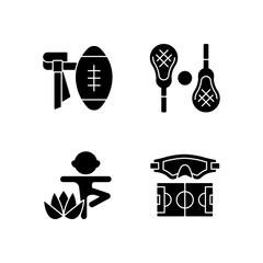 Summer camp activities black glyph icons set on white space. Flag football. Lacrosse. Kids yoga. Water polo. Non-contact sport. Body workout. Silhouette symbols. Vector isolated illustration