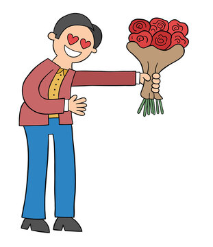 Cartoon man in love giving a bouquet of roses, vector illustration