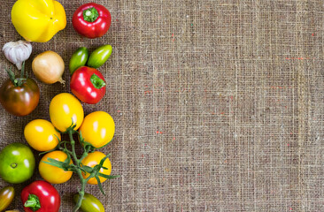Assortment of fresh vegetables on sackcloth background