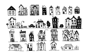 
Houses scandinavian style graphic vector illustration hand drawn doodle sketch set seamless pattern. print textile paper. Arzitecture building facades city street boho hugo vintage