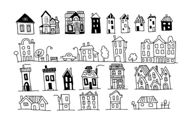 
Houses scandinavian style graphic vector illustration hand drawn doodle sketch set seamless pattern. print textile paper. Arzitecture building facades city street boho hugo vintage