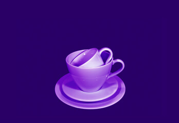 Pop art style purple colored stack of two different size of coffee cup sets on deep violet background