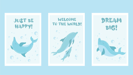 Set of birthday greeting cards design with blue dolphins. Flat set of blue dolphins on blue background. Vector illustration with cute bubbles and jumping dolphins underwater.
