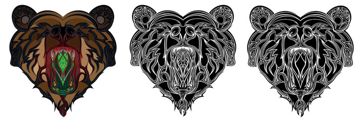 Three variants of the logo of a mythical bear head in a tattoo style. Bear logo vector template illustration graphic design. Angry bear head set. Growling bear head logo png eps