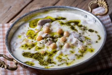 Traditional delicious Turkish food; Yuvalama soup, Turkish name; Gaziantep Yuvalama corbasi