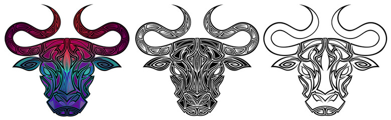 Three variants of the logo of a mythical abstract bull head. 3 options of the tattoo of Taurus. Bull logo vector template illustration graphic design. Bull head set.
