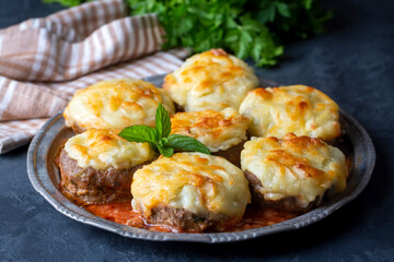 Turkish Food Hasanpasa Kofte - Kofta with Puree - Meatball with Bechamel Sauce and Green Peas....