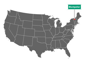 Montpelier Ortsschild und Karte der USA