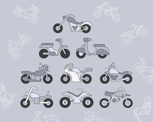 Motorbike Icons set - Vector color symbols and outline of motorcycle, bike, chopper, scooter and other transportation for the site or interfac