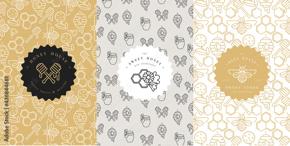 Wall mural Vector logo, packaging design templates in trendy linear style - natural honey packaging - typography labels and with floral patterns. Flower pattern. Pattern for honey package. Ornamental background.