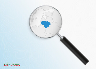 Magnifier with map of Lithuania on abstract topographic background.