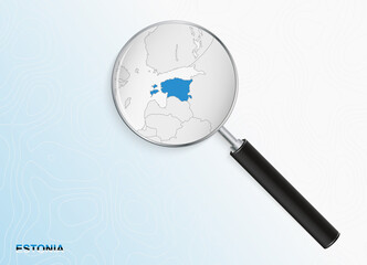 Magnifier with map of Estonia on abstract topographic background.