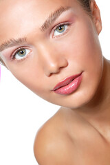 Obraz premium Portrait of a beautiful young woman with clean skin and soft day makeup, beauty treatment, cosmetology and anti-aging theme
