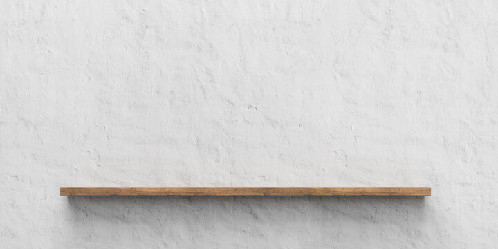 Wooden shelf over grunge, rustic wall, suitable for product display. 3D render. 3D illustration.