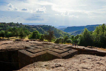 Fototapeta na wymiar Main View to the Church of Saint George, one of many churches hewn into the rocky hills of Lalibela, Ethiopia