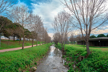 Fototapeta na wymiar Natural public park in Bursa with green grass and poplar trees and small river in middle of the park with blue sky background during sunset