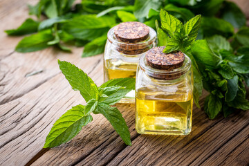 Glass bottle of peppermint essential oil with fresh green mint leaves, mint oil - obrazy, fototapety, plakaty