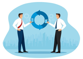 men with smartphone connected to each other. business process organization