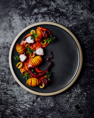 Octopus, hasselback potatoes and romesco sauce