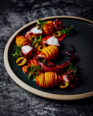Octopus, hasselback potatoes and romesco sauce