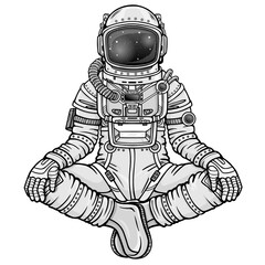 Animation figure of the astronaut sitting in a Buddha pose. Meditation in space.  Vector illustration isolated on a white background.  Print, poster, t-shirt, card.