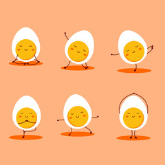 Eggs character. Cartoon yoga eggs. Exercise at home. Illustration vector.