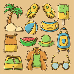 Hand drawn cartoon doodle summer elements