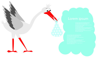 Cute baby announcement card with stork and blue cloud on white background