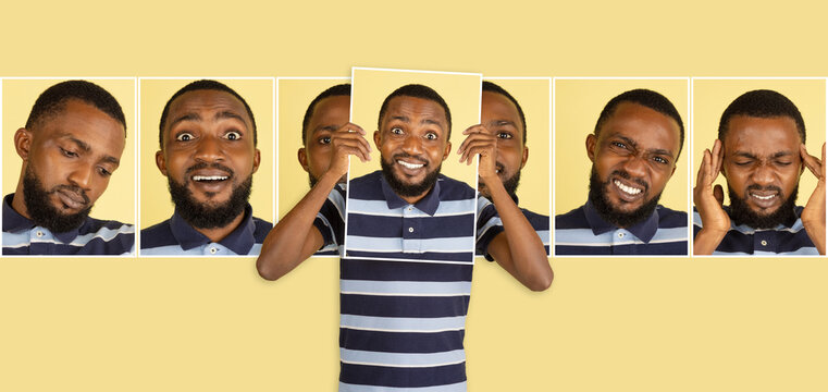 Smiling young Africa man holding portraits with different emotions, facial expression isolated on yellow background.