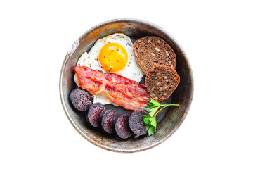 english breakfast fried egg fresh black pudding blood sausage, cereal bread, beans, bacon,...