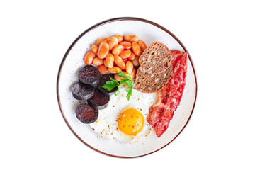 english breakfast fried egg fresh black pudding blood sausage, cereal bread, beans, bacon, scrambled eggs healthy meal snack copy space food background rustic 