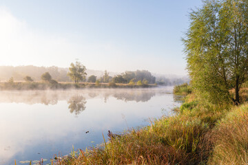 Fantastic foggy river with fresh green grass in the sunlight. Sun beams through tree. Dramatic colorful scenery. Seret river, Ternopil. Ukraine, Europe. Beauty world.