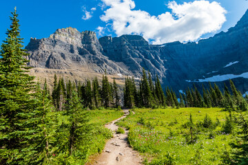 partially snow covered jagged mountain peaks of Glacier National park near Iceberg Lake trail...