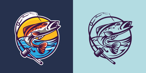 Salmon with spinning rod in different styles. Concept art of fishing.