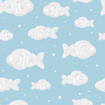 seamless pattern with fish clouds for nursery room decor, wallpaper, kids apparel, textile prints, bedding, scrapbooking, wrapping paper, etc. Cats, pet shop theme.