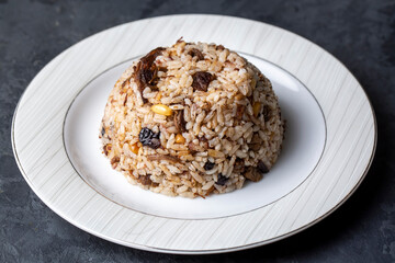 Traditional delicious Turkish food; rice pilaf with pine nuts and currants (Turkish name; ic pilav or pilaf)
