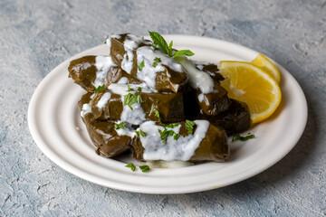 Delicious dolma (sarma) stuffed grape leaves rice, white yogurt sauce. Lebanese dolma sarma on plate. Lebanon turkish greek middle eastern cuisine. (Turkish name; Yaprak sarma)