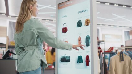 Beautiful Female Customer Using Floor-Standing LCD Touch Display while Shopping in Clothing Store. She is Choosing Stylish Bags, Picking Different Designs from Collection. People in Fashionable Shop.