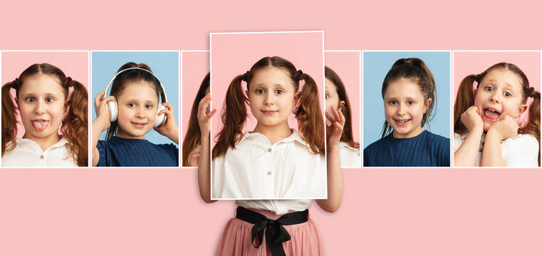 Young beuatiful little girl showing her portraits with different emotions isolated on pink background. Concept of facial expressions.
