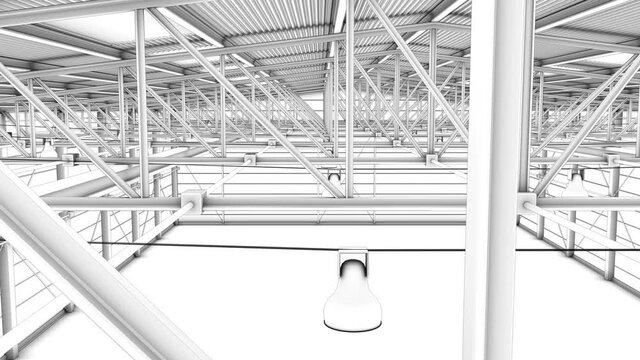 3d visualization: View of the trusses of an empty industrial hall. The skylights in the windows give a lot of light, you can see the lamps hanging from the ceiling and the shiny floor.