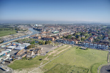 Littlehampton Seafront and River Arun in West Sussex, a popular tourist destination in Southern England. Aerial Photo.