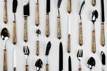 Background of cutlery, set of cutlery on white background