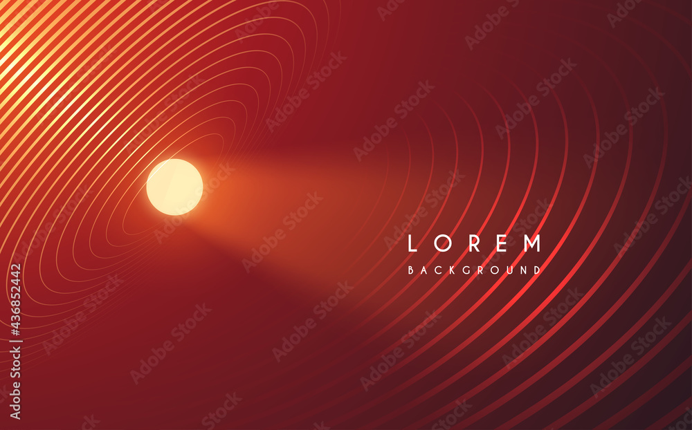 Wall mural abstract golden circle lines with glow effect on red background