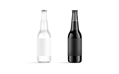 Blank black and white glass beer bottle with label mockup