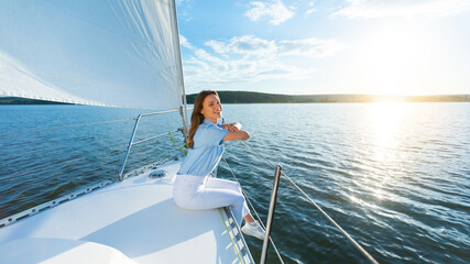 Joyful Lady Sitting On Yacht Deck Enjoying Sea Sailing Tour