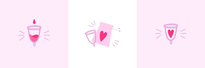 Collection of cute cards with menstrual cups. Vector illustration